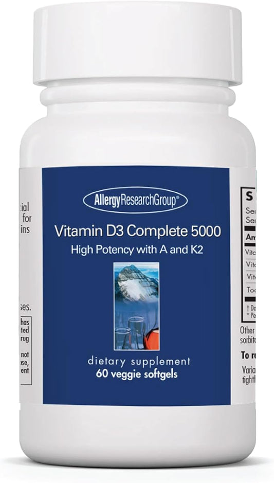 Allergy Research Group Vitamin D3 Complete 5000 IU - Vitamin D3 and K2 Supplement, Daily Balance, with Vitamin A, DeltaGold Tocotrienols, High Potency, Veggie Softgels - 60 Count