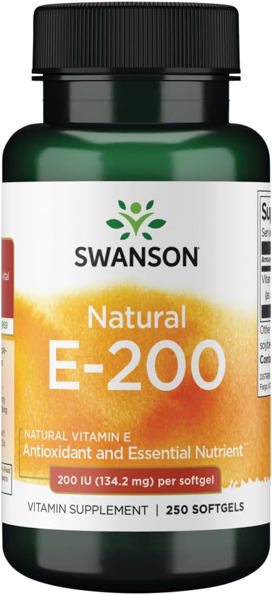 Swanson Natural Vitamin E - Natural Supplement Supporting Heart Health & Tissue Protection - Essential Nutrient Promoting Overall Health & Wellness 200 Iu (134.2 Milligrams) 250 Sgels