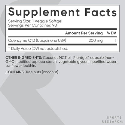 Sports Research CoQ10 200mg Capsules - Premium Coenzyme 10 Supplement with Coconut MCT Oil - Vegan Certified, Non-GMO Verified & Gluten Free - 90 Veggie Softgels