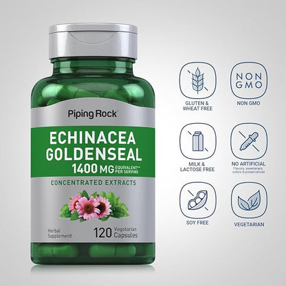 Piping Rock Echinacea Goldenseal Capsules | 1400mg | 120 Vegetarian Capsules | Non-GMO, Gluten Free Supplement