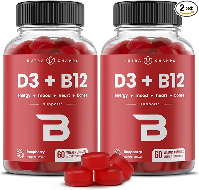 NutraChamps Vitamin D3 & B12, Methyl B12 Gummies for Adults & Kids, Enhanced with Vitamin D 3 & B9 Vitamin Folate, Natural Energy, Mood, Metabolism & Focus, Raspberry, 120 Gummies (Pack of 2)