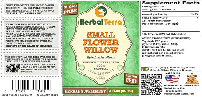 Small Flower Willow (Epilobium parviflorum) Glycerite, Dried Herb Alcohol-Free Liquid Extract 2 oz