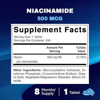 Vitamatic Niacinamide 500 mg 240 Tablets - Flush Free Vitamin B3 - Supports Energy Production
