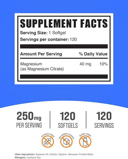 BulkSupplements.com Magnesium Citrate Softgels - Magnesium Supplement, Magnesium Citrate Supplement - Gluten Free, 1 Softgel per Serving (40mg of Magnesium), 120 Count (Pack of 1)