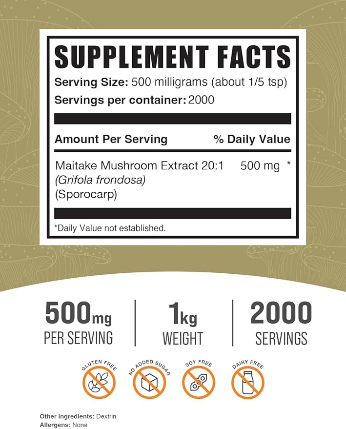 BulkSupplements.com Maitake Mushroom Extract Powder - Superfood Supplement, Maitake Mushroom Supplement - Gluten Free, 500mg per Serving, 1kg (2.2 lbs) (Pack of 1)