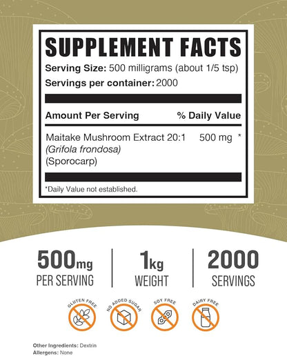BulkSupplements.com Maitake Mushroom Extract Powder - Superfood Supplement, Maitake Mushroom Supplement - Gluten Free, 500mg per Serving, 1kg (2.2 lbs) (Pack of 1)