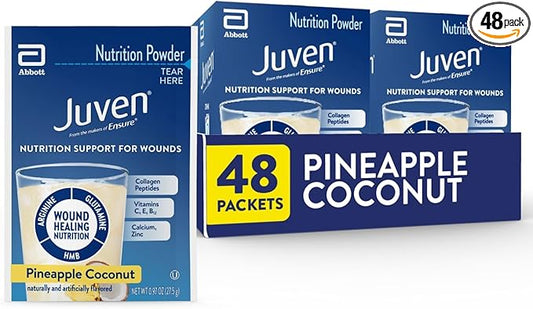 Juven Therapeutic Nutrition Drink Powder Including Collagen Peptides, Amino Acids, and HMB for Wound Healing Support, Pineapple Coconut, 48 Packets
