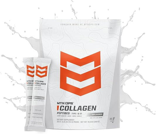 MTN OPS Collagen Protein Powder On-The-Go Packs, 30 Packs per Bag of Unflavored, Highly Digestible Protein with 9g of Protein per Serving