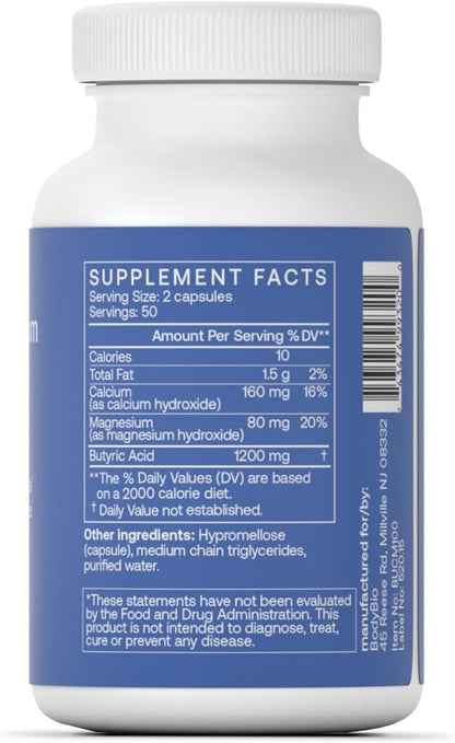 BodyBio Butyrate Supplement - Postbiotic for Gut Microbiome Health, Digestion and Regulation Support - Butyric Acid with Calcium Magnesium - 100 Capsules