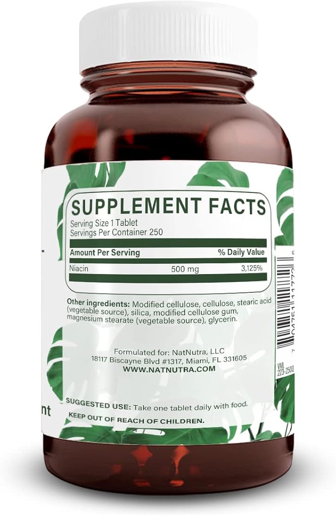 Natural Nutra Time-Release Slow Niacin 500mg (Vitamin B3), Support Healthy Cholesterol, Promotes Cardiovascular Health, Promotes Skin Cells and Improve Cognitive Function, 250 Vegan Tablets