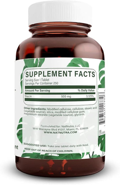 Natural Nutra Time-Release Slow Niacin 500mg (Vitamin B3), Support Healthy Cholesterol, Promotes Cardiovascular Health, Promotes Skin Cells and Improve Cognitive Function, 250 Vegan Tablets