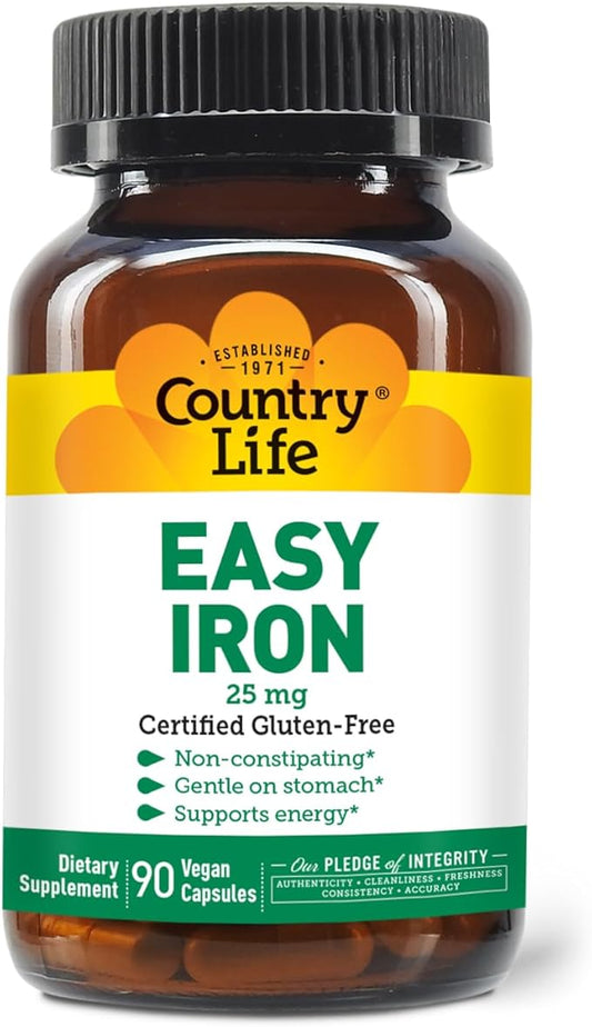 Country Life Easy Iron 25mg Capsules - Gentle Non-Constipating Ferrochel - Vegan Vitamin Supplement for Women & Men - Supports Body Energy - Multivitamin with Iron