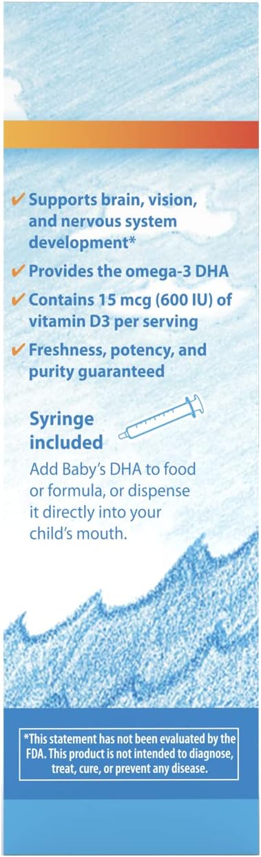 Carlson - Baby's DHA, Liquid DHA Baby Supplement, 1100 mg Omega-3s + 400 IU Vitamin D3, Brain Development, Vision Support & Nerve Function, Omega-3 Liquid for Babies, Baby Fish Oil, 60 mL