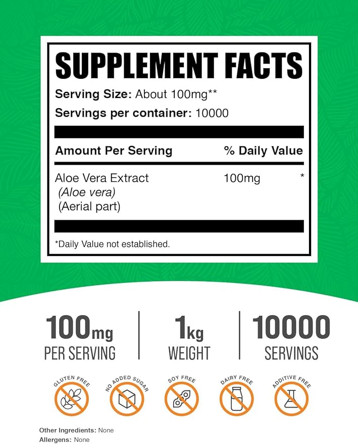 BulkSupplements.com Aloe Vera Extract Powder - Aloe Vera Supplement, Aloe Vera Powder - Herbal Supplement, Pure & Gluten Free, 100mg per Serving, 1kg (2.2 lbs) (Pack of 1)