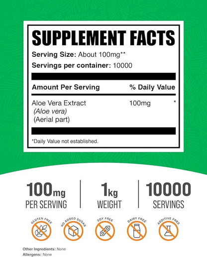 BulkSupplements.com Aloe Vera Extract Powder - Aloe Vera Supplement, Aloe Vera Powder - Herbal Supplement, Pure & Gluten Free, 100mg per Serving, 1kg (2.2 lbs) (Pack of 1)