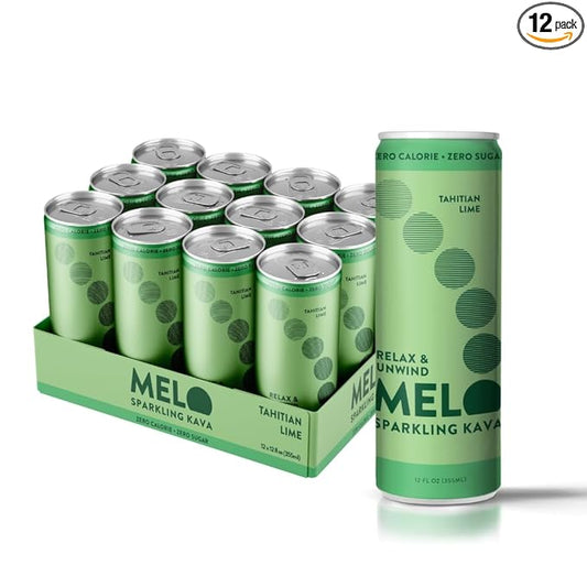 Melo Sparkling Kava Drink, Tahitian Lime, Sugar Free Non Alcoholic Drinks with Zero Calories, Gluten Free, Vegan, 100% Natural Mocktail with 750mg Kava Root per Drink, 12 Pack, 12 oz Cans