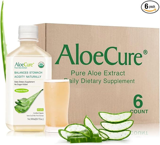 AloeCure USDA Organic Aloe Vera Juice Made Within 12 Hrs of Harvest - Pure Aloe Juice Natural Digestive Supplement to Support Digestion, Immune System and Balanced Stomach Acidity, 6 x 500ml Bottles