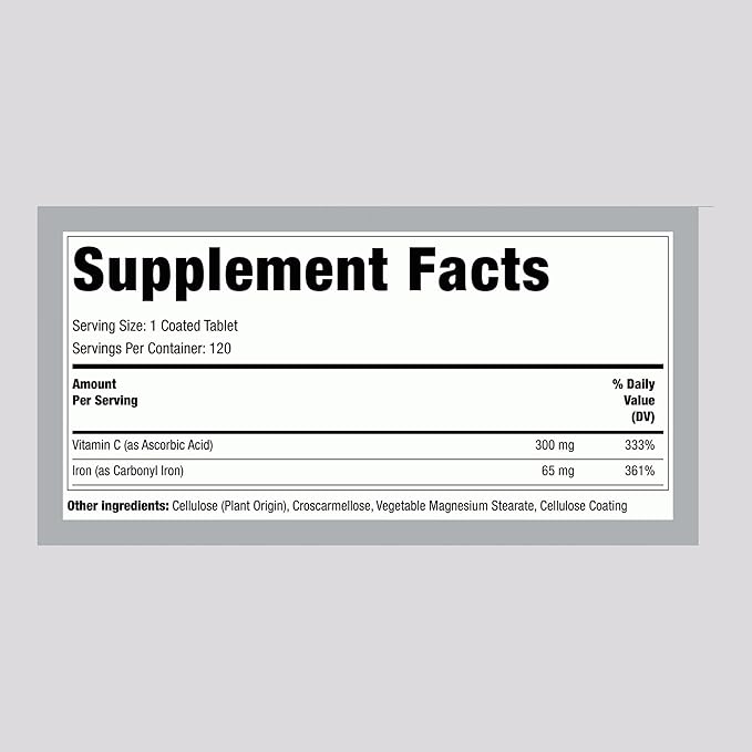 Piping Rock Iron Supplement 65 mg with Vitamin C | 120 Tablets | Advanced Absorption | Vegetarian, Non-GMO and Gluten Free