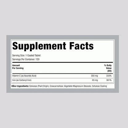 Piping Rock Iron Supplement 65 mg with Vitamin C | 120 Tablets | Advanced Absorption | Vegetarian, Non-GMO and Gluten Free