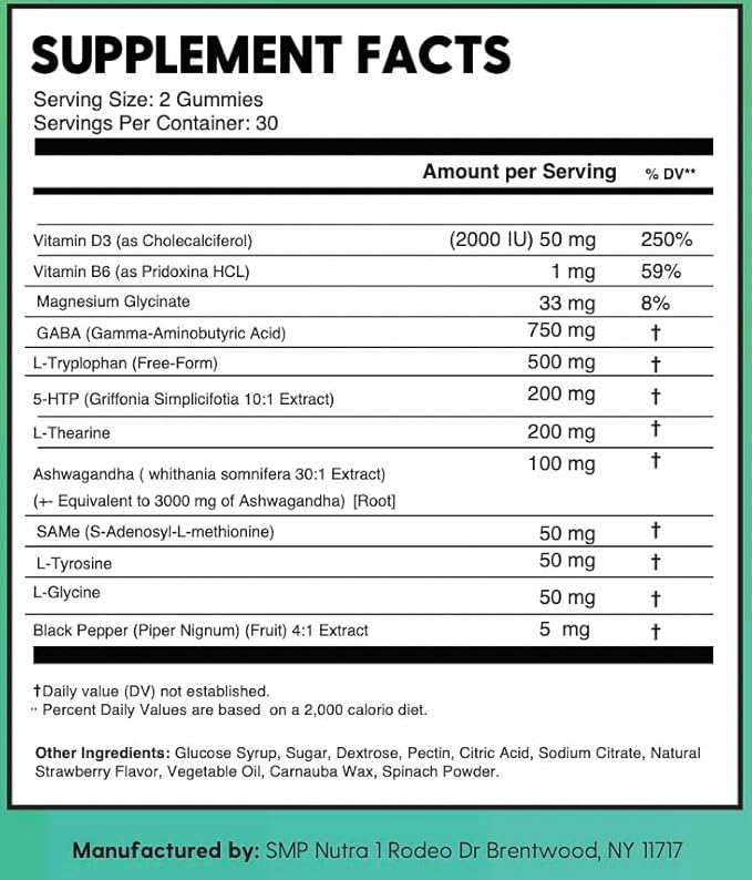 GABA + 5-HTP + SAM-e, L-Tryptophan, L-Theanine, Ashwagandha Gummies, All-in-One Natural Supplement, Made in USA, Vegan, 60 Gummies