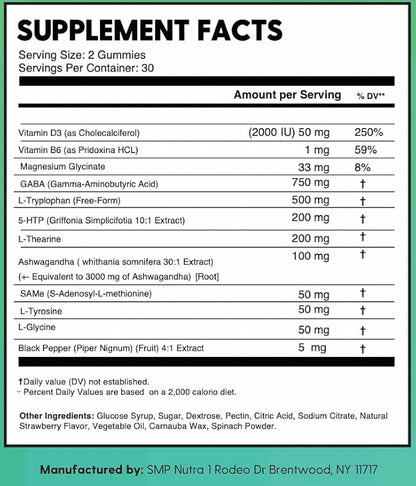 GABA + 5-HTP + SAM-e, L-Tryptophan, L-Theanine, Ashwagandha Gummies, All-in-One Natural Supplement, Made in USA, Vegan, 60 Gummies