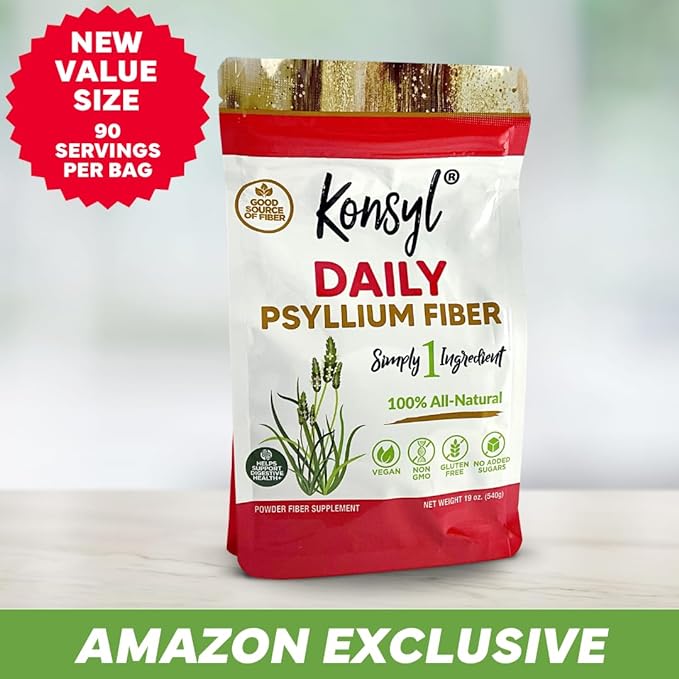 Konsyl Daily Psyllium Fiber Powder | 100% All-Natural Psyllium Husk for Gut & Digestive Health | No Sugar, No Fillers – 540g/19oz