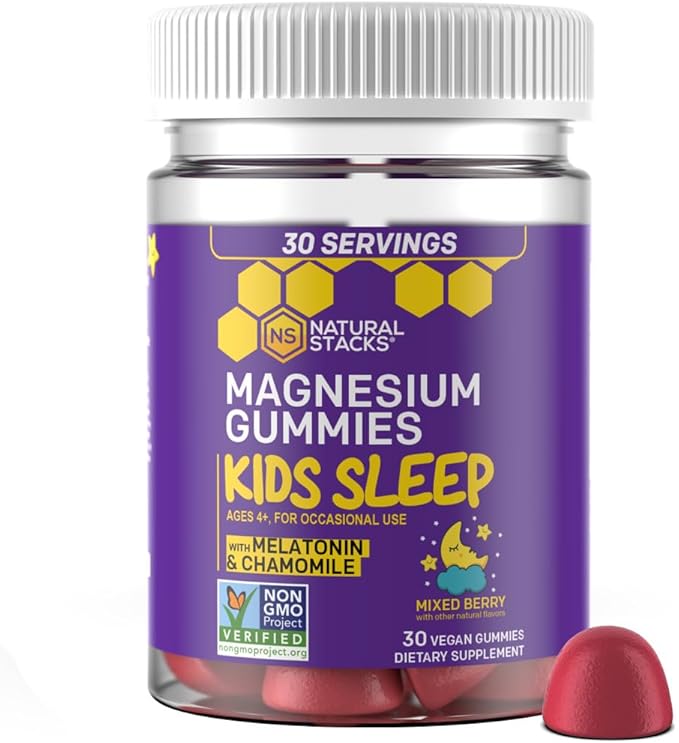 Natural Stacks Kids Sleep Magnesium Gummies with Melatonin - 100mg Magnesium Citrate - Melatonin Gummies for Sleep Quality - Nighttime Aid for Kids with Chamomile - 30 Mixed Berry Chewables
