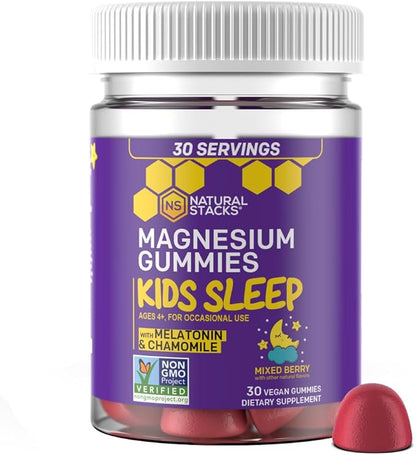 Natural Stacks Kids Sleep Magnesium Gummies with Melatonin - 100mg Magnesium Citrate - Melatonin Gummies for Sleep Quality - Nighttime Aid for Kids with Chamomile - 30 Mixed Berry Chewables