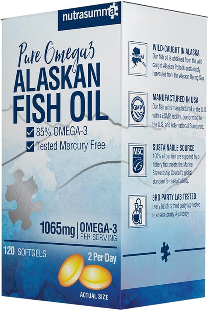 High Purified Omega 3 Supplement Wild Alaskan Fish Oil Burpless & No Fishy Taste, 650mg EPA &270mg DHA of 1250mg Fish Oil softgels, Gluten Free, Heart, Brain& Immune Support, 60 Servings
