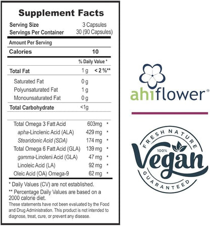 Ahiflower Oil Vegan Omega 3, 6 & 9. 90 Capsules. Vidalia by The Mix Superfoods. 45 Servings. Excelent Sustainable Source. Vegan 100%. NO Fish