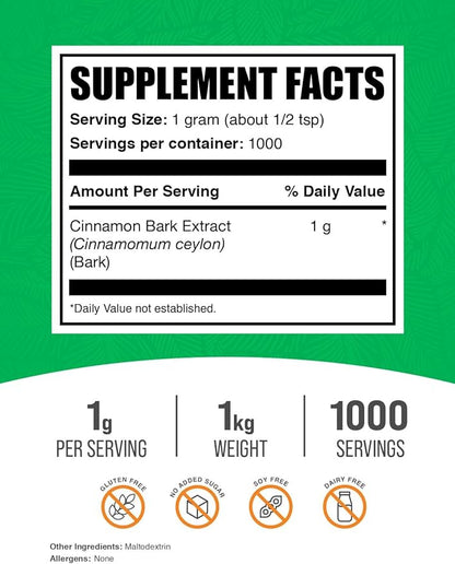 BulkSupplements.com Ceylon Cinnamon Extract Powder - Cinnamon Extract, Cinnamon Ceylon - Cinnamon Supplement, Pack of 1 - Gluten Free & Soy Free, 1000mg per Serving, 1kg (2.2 lbs)