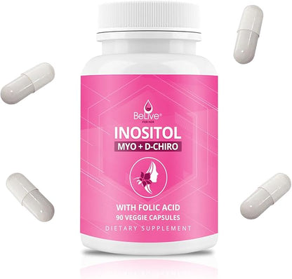 BeLive Myo-Inositol & D-Chiro Inositol Capsules - 90Ct I Inositol Supplement with Folic Acid Supplements for Woman, Optimal 40:1 Ratio - 2 Pack