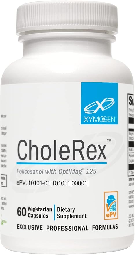 XYMOGEN CholeRex - Policosanol 10mg to Help Maintain Normal Blood Lipid Levels, Promote Healthy Blood Flow + Vessel Integrity - Enhanced with 2 Bioavailable Magnesium Chelates (60 Capsules)
