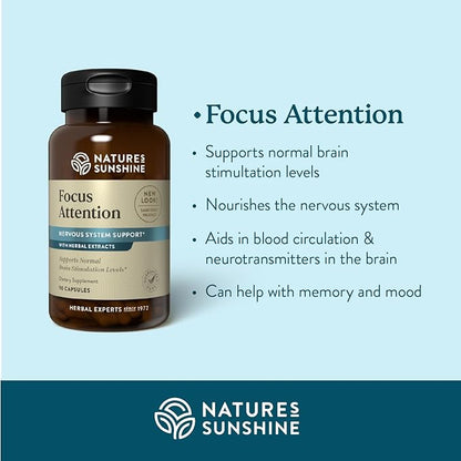 Nature's Sunshine Focus Attention, 90 Capsules, Provides Nutrients That Help Maintain Normal Brain-Stimulation Levels While Supporting Blood Circulation and Neurotransmitter Levels in The Brain