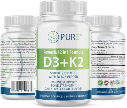 PURE D3 + K2, 5000 IU Vitamin D3, 100 mcg Vitamin K2, Black Pepper Extract, 60 Capsules, 2-Month Supply, Bone & Immune Support