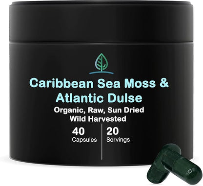 Holistic Bin Organic Sea Moss Capsules 100% Pure Caribbean Sea Moss + Dulse Seaweed | Wild Harvested | No Fillers | Rich in Antioxidants, Minerals, and Iodine (40 Capsules)
