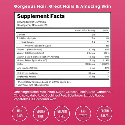 NutraChamps Hair Skin & Nails Gummies, Biotin with Collagen & Keratin, 5000mcg Biotin Beauty Complex, Vitamin Supplement, Berry, 120 Count, Healthy Hair, Radiant Skin & Strong Nails (Pack of 2)