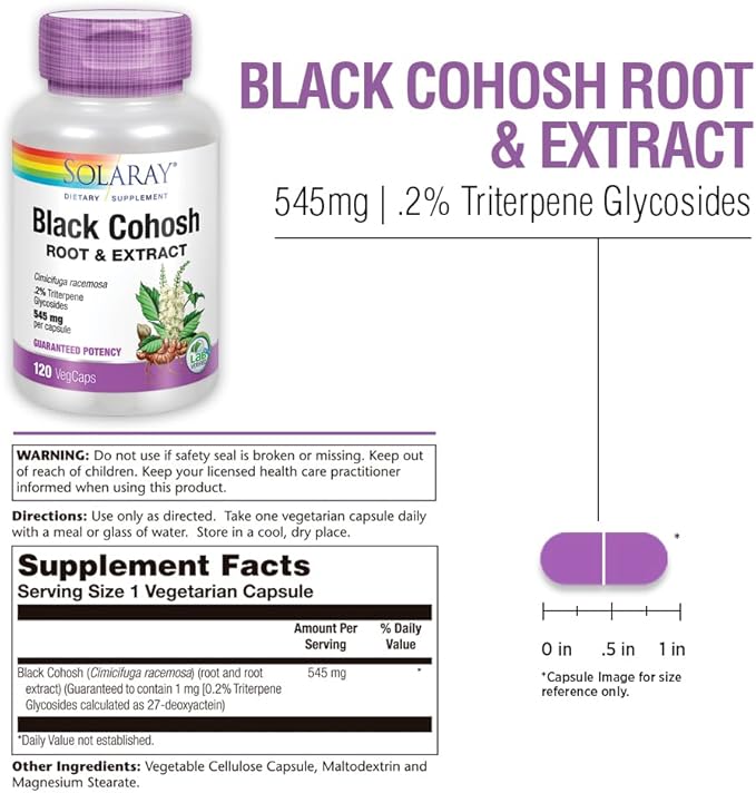 SOLARAY Black Cohosh Root & Extract 545mg | Womens Health & Menopause Support Supplement | Non-GMO | 120 VegCaps