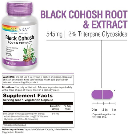 SOLARAY Black Cohosh Root & Extract 545mg | Womens Health & Menopause Support Supplement | Non-GMO | 120 VegCaps