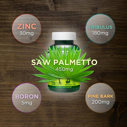 Saw Palmetto Complex 120 Vegetable Capsules for Men Prostate Support Urinary Health Zinc, Tribulus, Boron, Pine Bark 5-in-1 Blend Supplement
