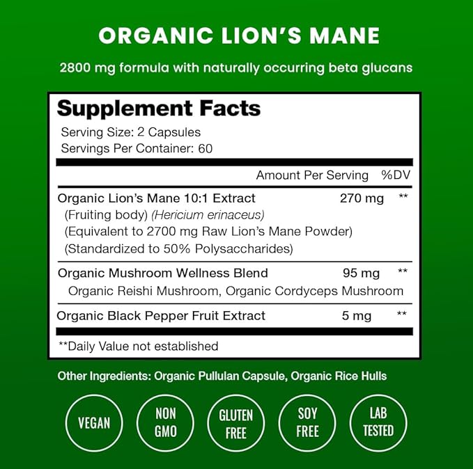 NutraChamps Organic Lions Mane Mushroom Supplement (2 Month Supply - 120 Count) Mental Clarity, Memory & Focus Supplement, Supports Immune System & Brain Health