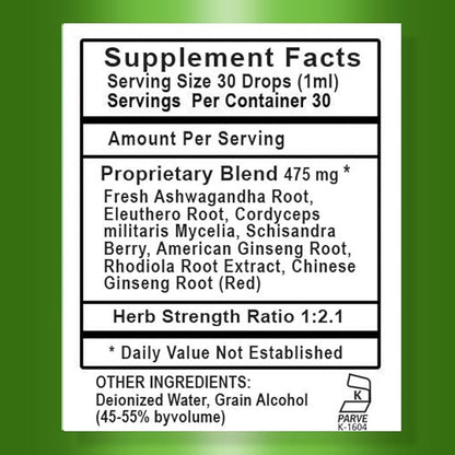 Adrenal Daily Liquid Drops. Supports Wellness & Energy. Supplement with Adaptogenic Herbs Ashwagandha, Eleuthero, Rhodiola & Cordyceps