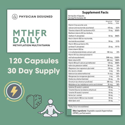Physician Designed MTHFR Daily Multivitamin | Methylated Multivitamin for Men & Women | for Energy, Mood, & Heart | Vitamin B-Complex | 120 Capsules