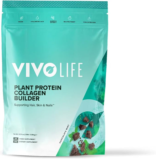 Vivo life - Plant Protein Collagen Builder with Vitamin C, Amino Acids and Hyaluronic Acid, Support Healthy Hair, Skin & Nails, Vegan (Chocolate Mint)