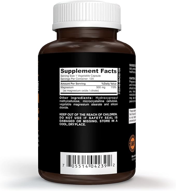 CLINICAL DAILY Pure Magnesium Citrate Capsules High Potency 500mg with Natural Magnesium Oxide. Vegan Magnesium Supplement for Women and Men Supports Rest, Enzyme and Nerve Function. 120 Ct 2 Months