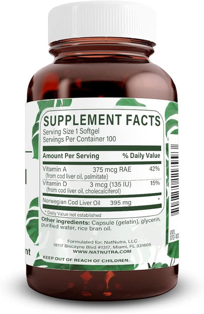 Natural Nutra Norwegian Cod Liver Oil Supplement, Helps to Maintain Skin, Helps Maintain Body Density, Eye Health & Nerve Function, Promotes Dental Health, Supports Cardiovascular Health, 100 Softgels