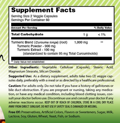 Amazing India Turmeric Curcumin 1000 Mg Per Serving | 120 Veggie Capsules Supplement | Blend of Turmeric Powder & Turmeric Extract | Non-GMO | Gluten Free | Made in USA