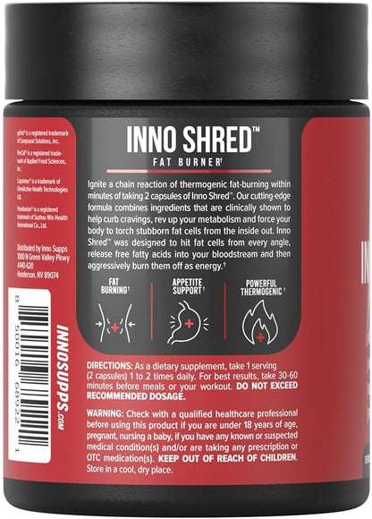 Inno Shred Fat Burner for Men and Women with 100mg Capsimax, Grains of Paradise, Organic Caffeine, Green Tea Extract, Appetite Suppressant, Weight Loss (60 Veggie Capsules) | (with Stimulant)