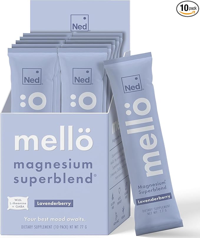 Mellö Magnesium Supplement Superblend Powder - Magnesium Glycinate with L-Theanine, GABA, and Trace Minerals - Supports Sleep, Relaxation, and Balanced Energy - Lavenderberry Flavor, 10-Pack, Singles