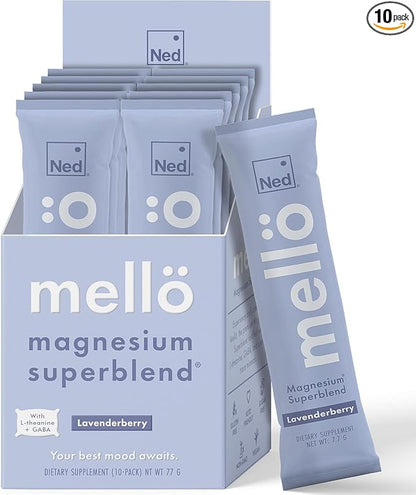 Mellö Magnesium Supplement Superblend Powder - Magnesium Glycinate with L-Theanine, GABA, and Trace Minerals - Supports Sleep, Relaxation, and Balanced Energy - Lavenderberry Flavor, 10-Pack, Singles